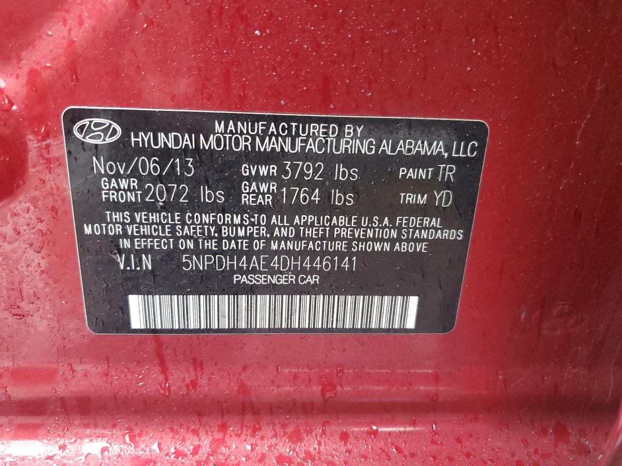 2013 Hyundai Elantra VIN 5NPDH4AE4DH446141 Copart auction photo, rear end damage thumbnail 12