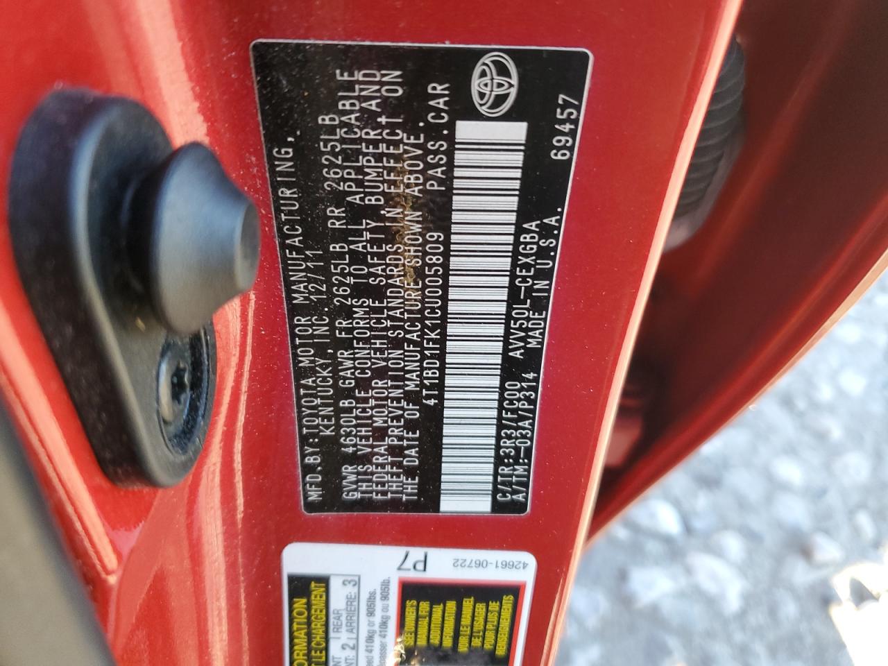 2012 Toyota Camry VIN 4T1BD1FK1CU005809 Copart auction photo, front end damage thumbnail 15