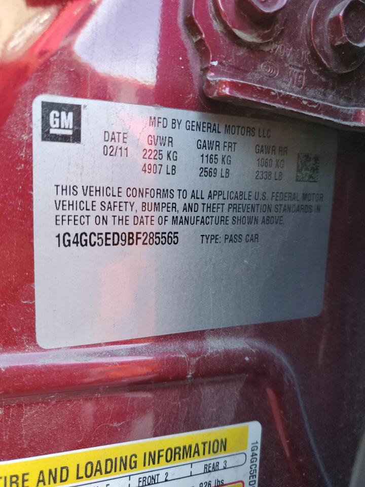 2011 Buick LaCrosse VIN 1G4GC5ED9BF285565 Copart auction photo, side damage thumbnail 12
