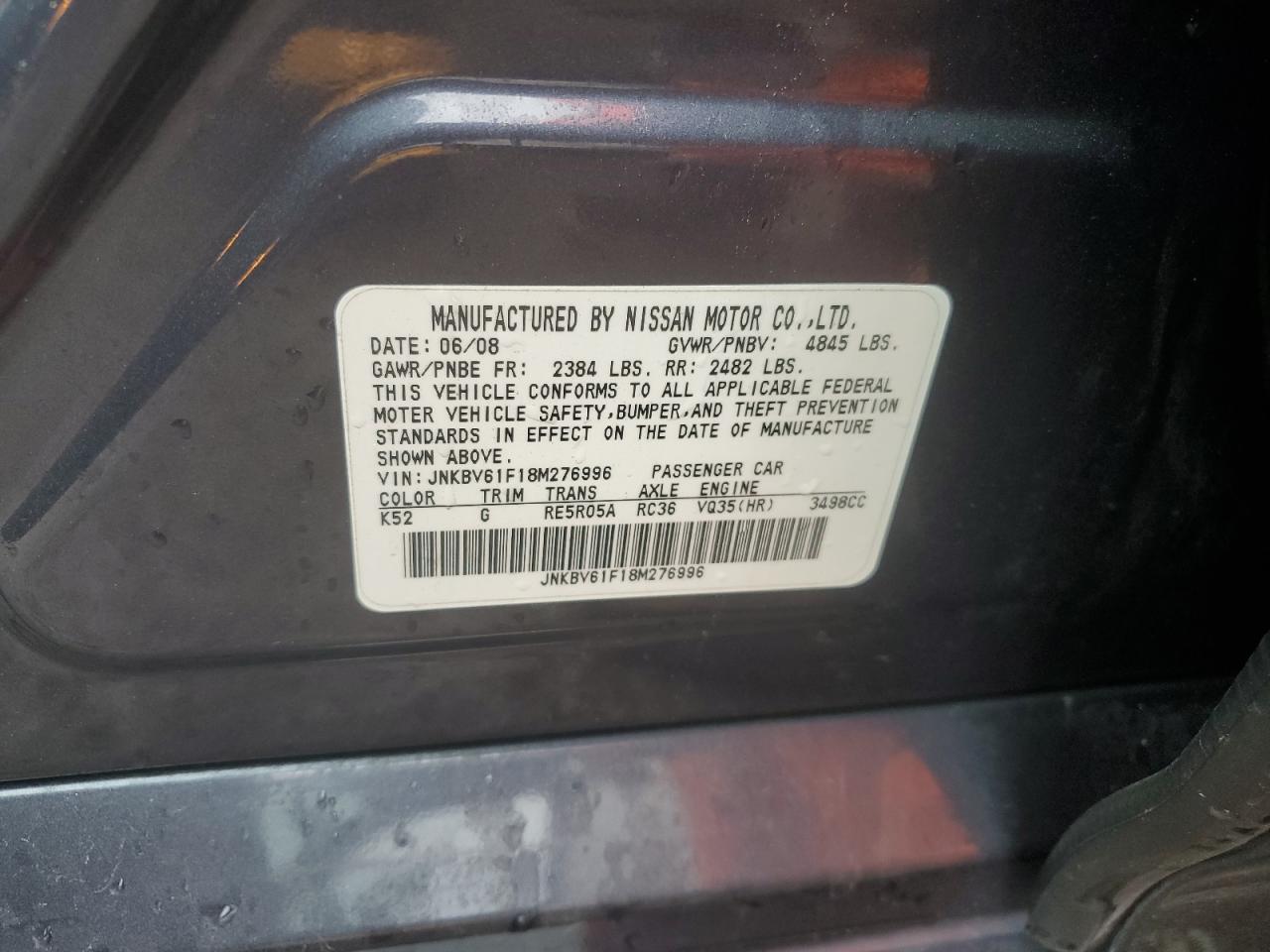 2008 Infiniti G VIN JNKBV61F18M276996 Copart auction photo, vandalism / all over damage thumbnail 12
