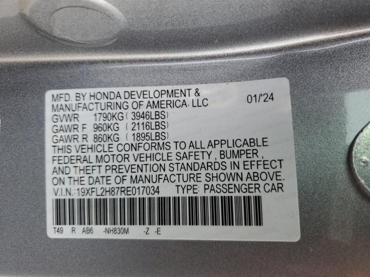 2024 Honda Civic VIN 19XFL2H87RE017034 Copart auction photo, vandalism / stripped damage thumbnail 12