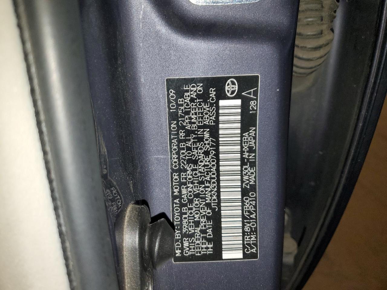2010 Toyota Prius VIN JTDKN3DU0A0079177 Copart auction photo, rear end / side damage thumbnail 13