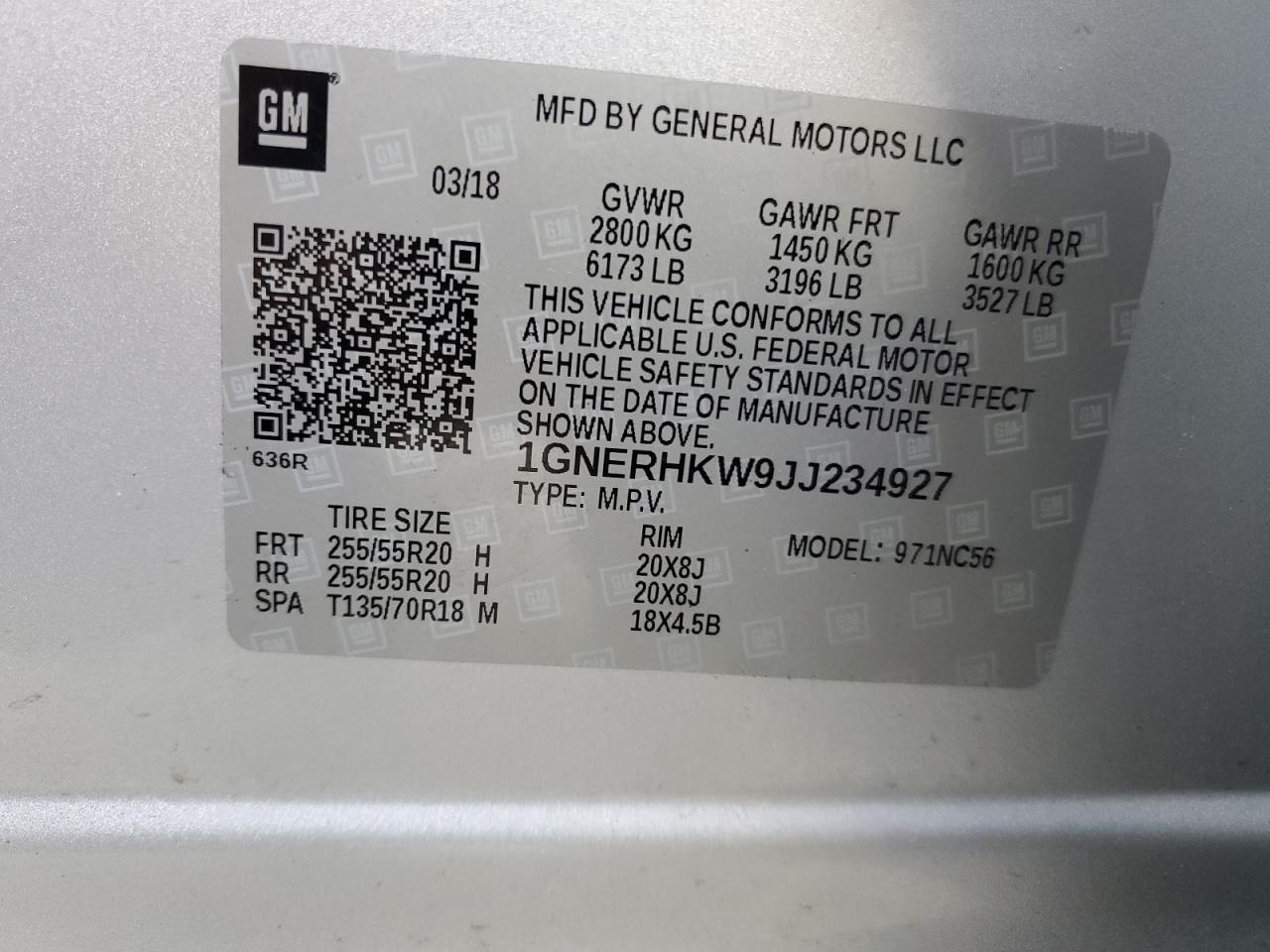 2018 Chevrolet Traverse VIN 1GNERHKW9JJ234927 Copart auction photo, front end / minor dent/scratches damage thumbnail 15