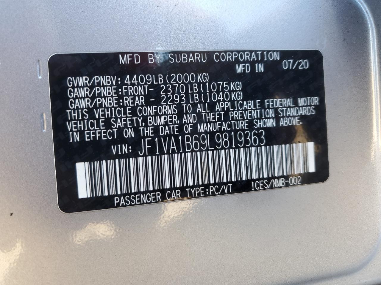 2020 Subaru WRX VIN JF1VA1B69L9819363 Copart auction photo, front end / minor dent/scratches damage thumbnail 12