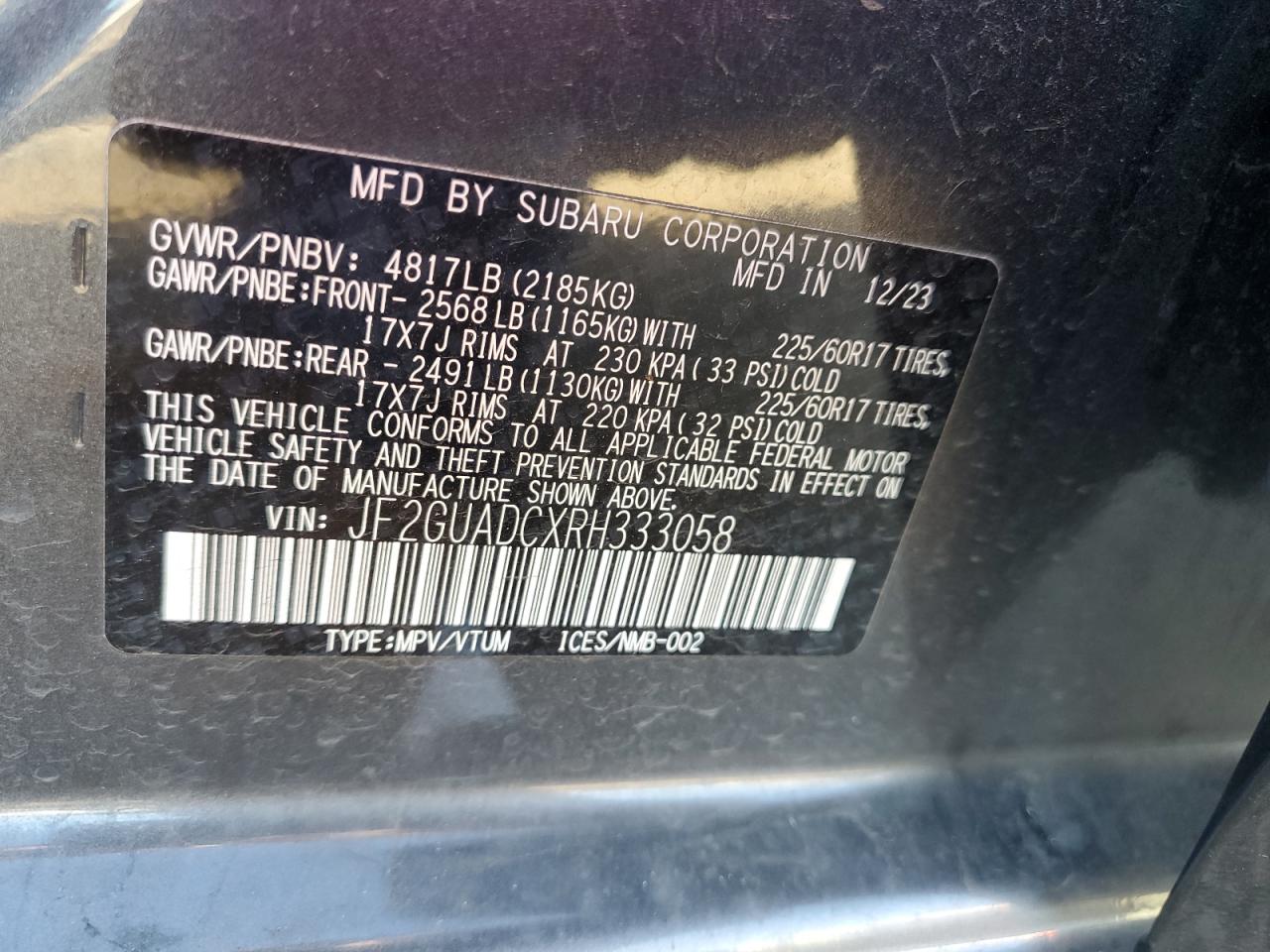 2024 Subaru XV VIN JF2GUADCXRH333058 Copart auction photo, all over damage thumbnail 14