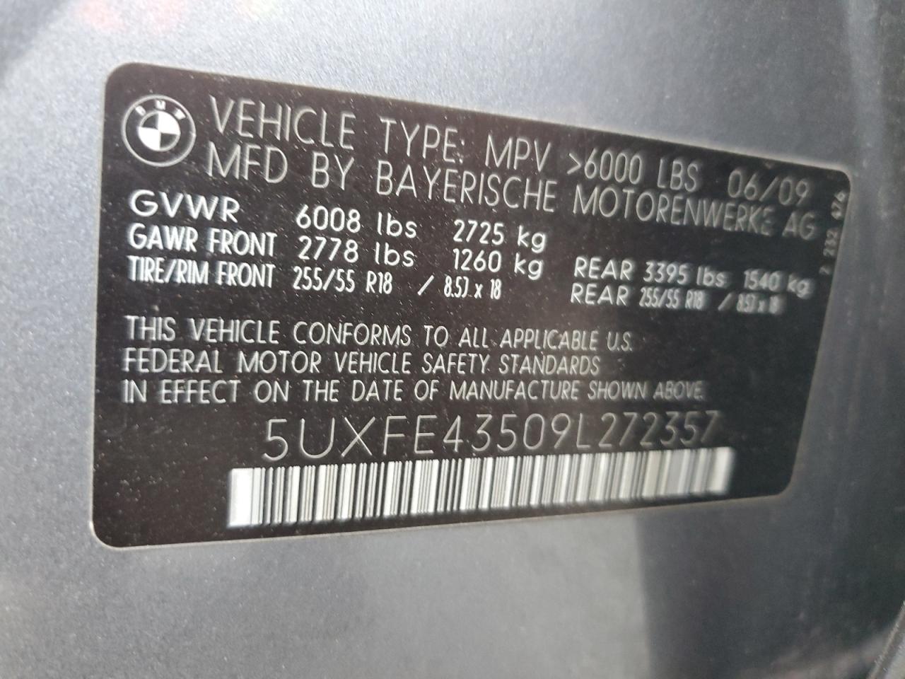 2009 BMW X5 VIN 5UXFE43509L272357 Copart auction photo, side / front end damage thumbnail 14