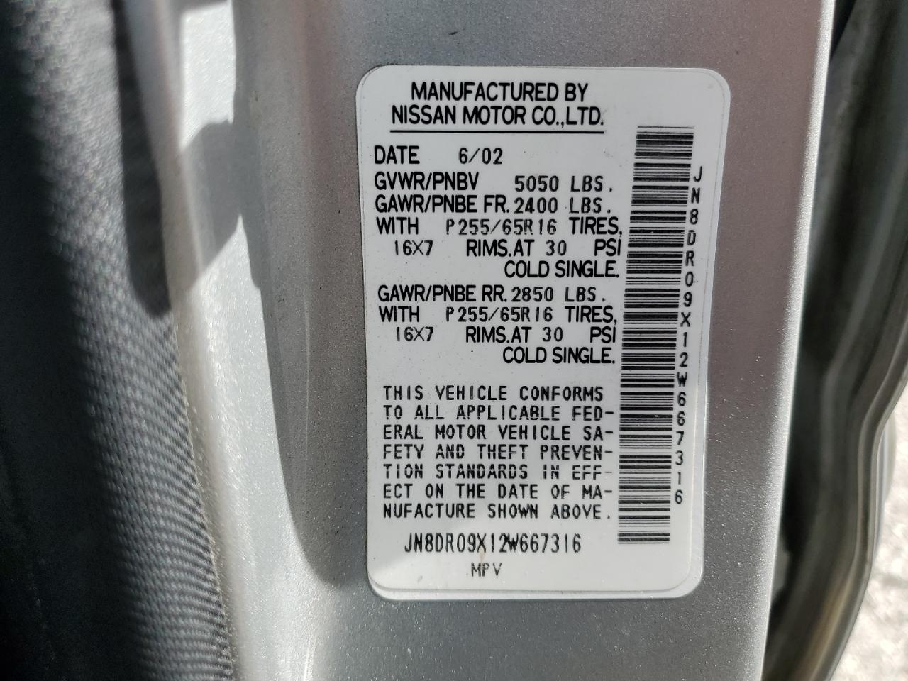 2002 Nissan Pathfinder VIN JN8DR09X12W667316 Copart auction photo, front end / minor dent/scratches damage thumbnail 13