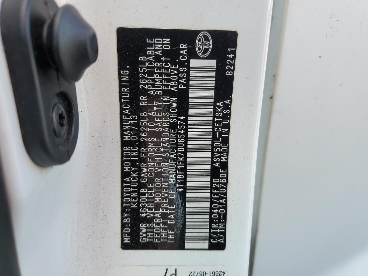 2013 Toyota Camry VIN 4T1BF1FK7DU654574 Copart auction photo, all over damage thumbnail 12