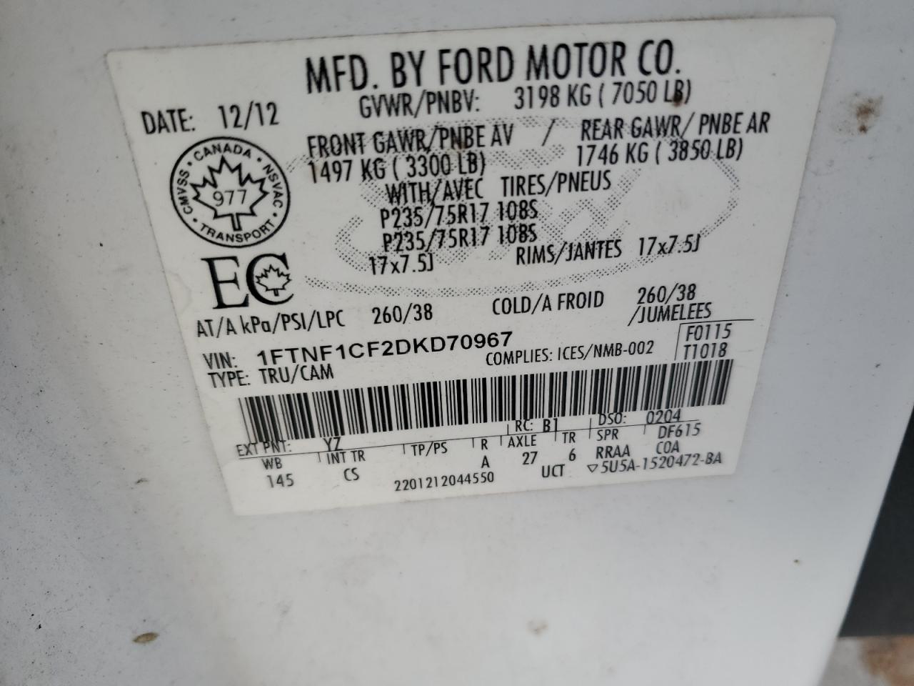 2013 Ford F-150 VIN 1FTNF1CF2DKD70967 Copart auction photo, front end / minor dent/scratches damage thumbnail 12