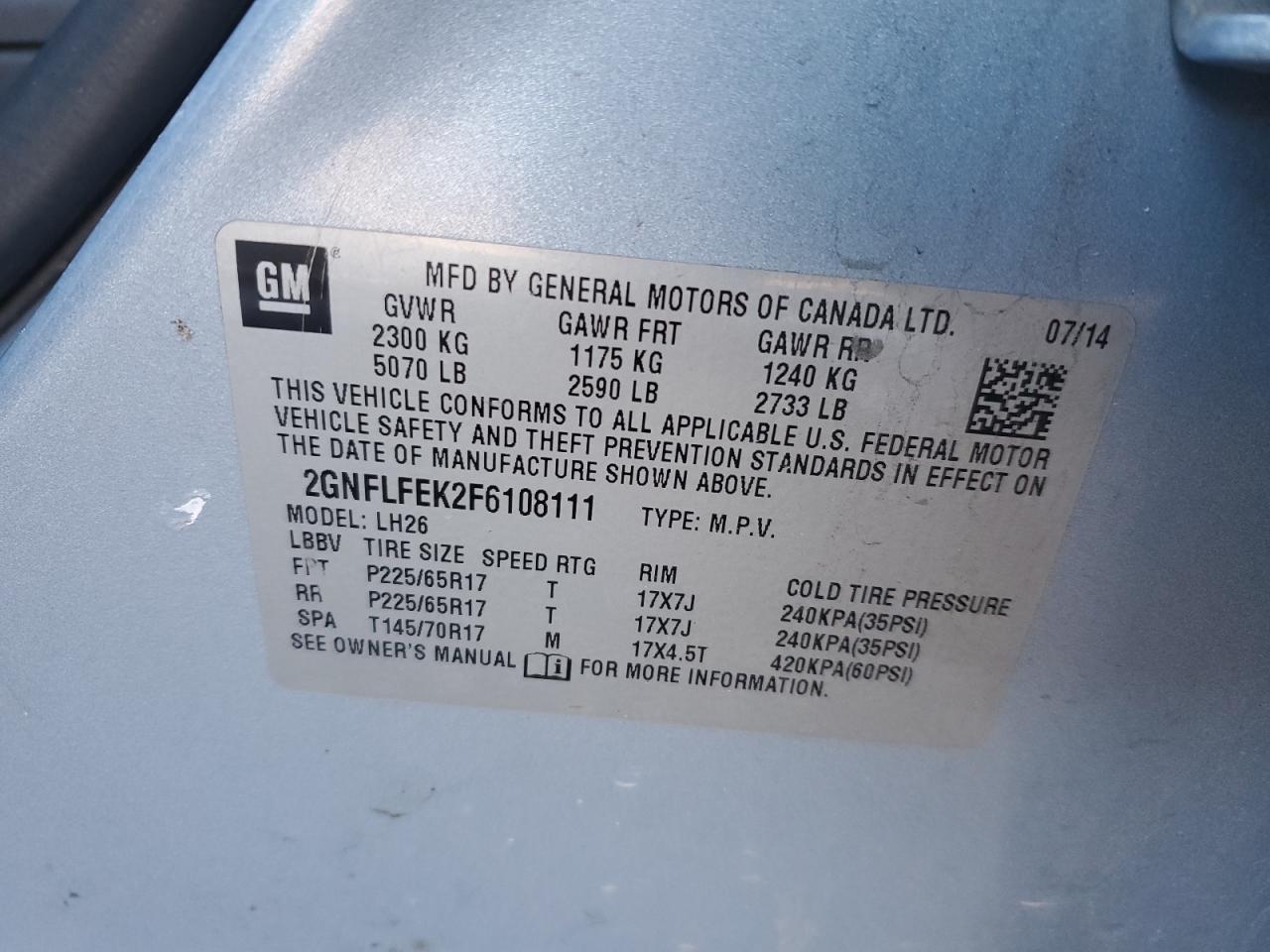 2015 Chevrolet Equinox VIN 2GNFLFEK2F6108111 Copart auction photo, front end damage thumbnail 15