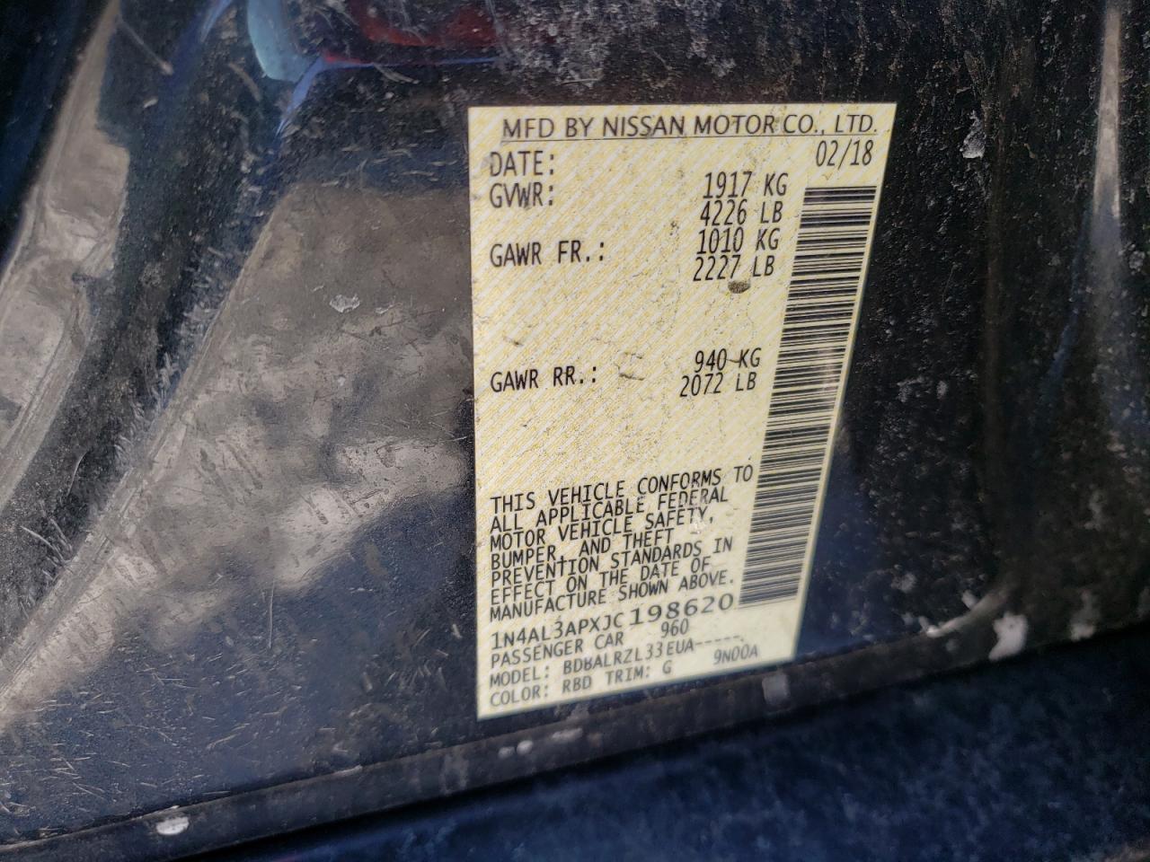 2018 Nissan Altima VIN 1N4AL3APXJC198620 Copart auction photo, front end damage thumbnail 12