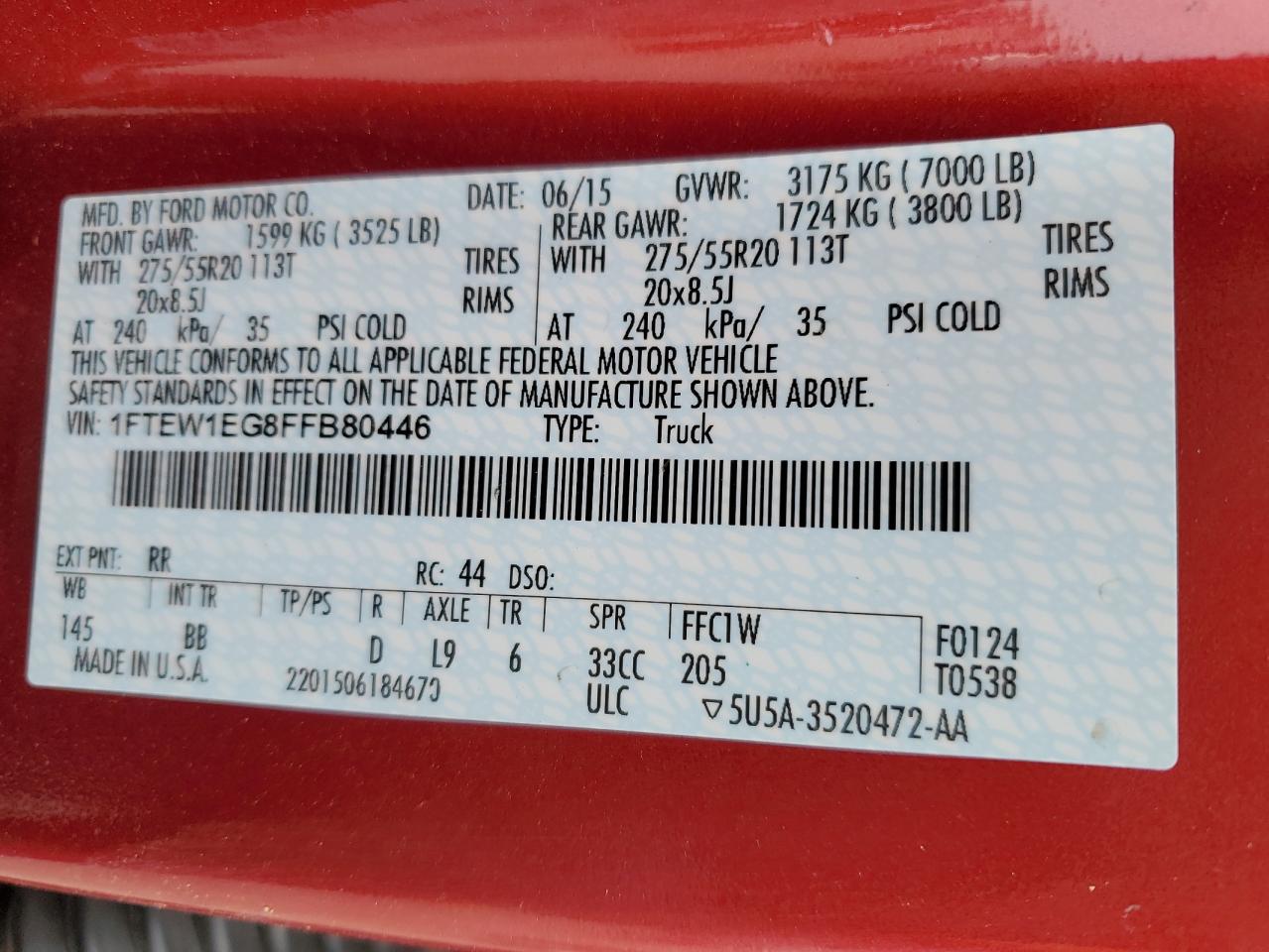 2015 Ford F-150 VIN 1FTEW1EG8FFB80446 Copart auction photo, all over damage thumbnail 12