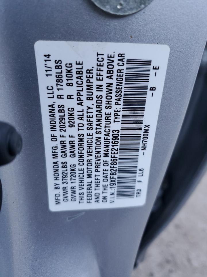 2015 Honda Civic VIN 19XFB2F86FE216903 Copart auction photo, front end damage thumbnail 12