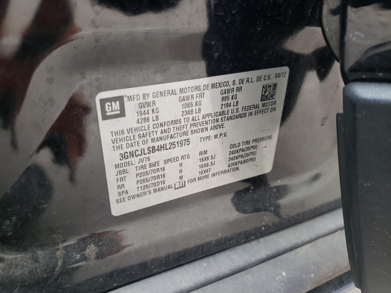 2017 Chevrolet Trax VIN 3GNCJLSB4HL251975 Copart auction photo, front end damage thumbnail 15