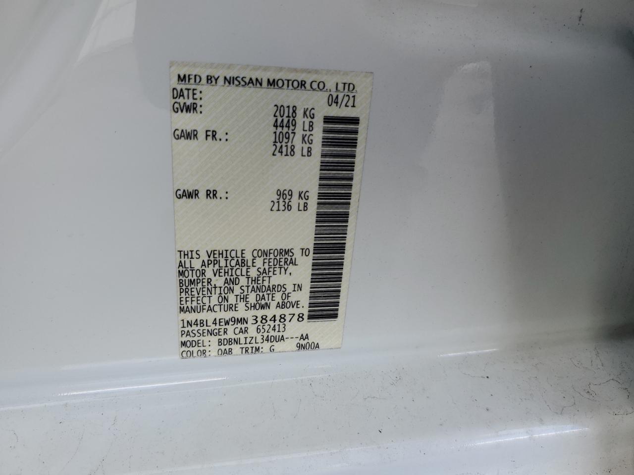 2021 Nissan Altima VIN 1N4BL4EW9MN384878 Copart auction photo, front end damage thumbnail 14