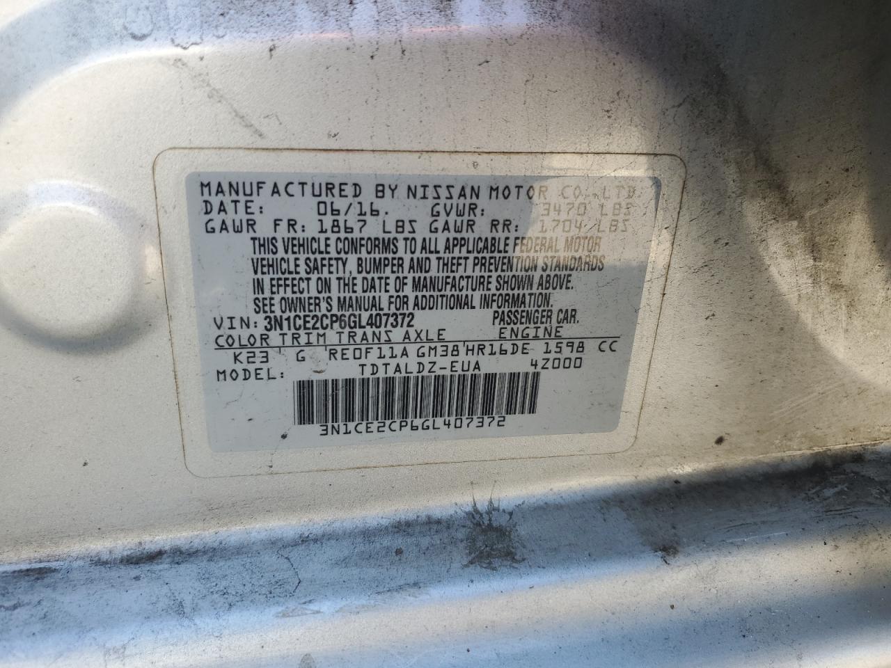 2016 Nissan Versa VIN 3N1CE2CP6GL407372 Copart auction photo, front end damage thumbnail 12