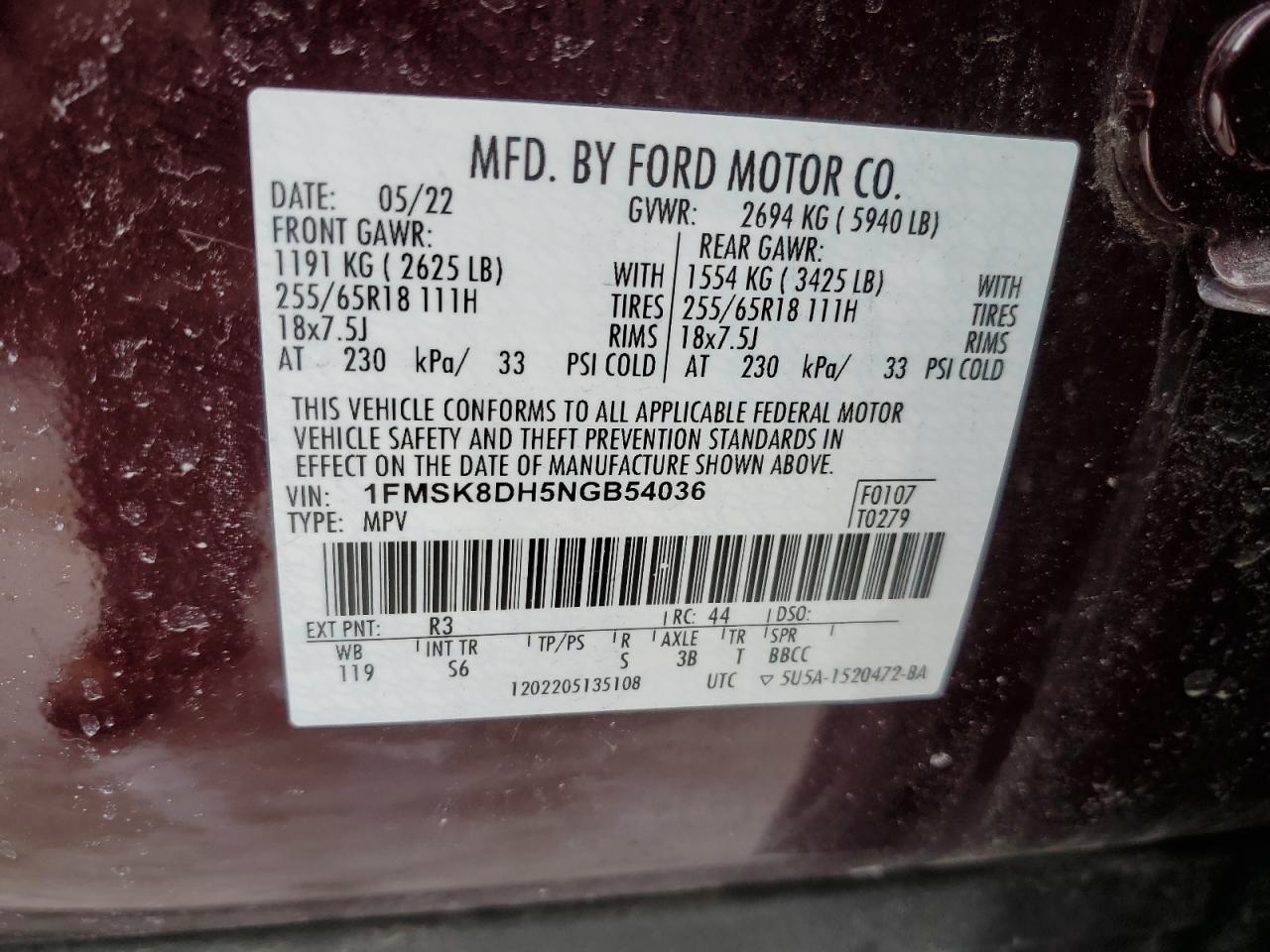2022 Ford Explorer VIN 1FMSK8DH5NGB54036 Copart auction photo, rear end damage thumbnail 13