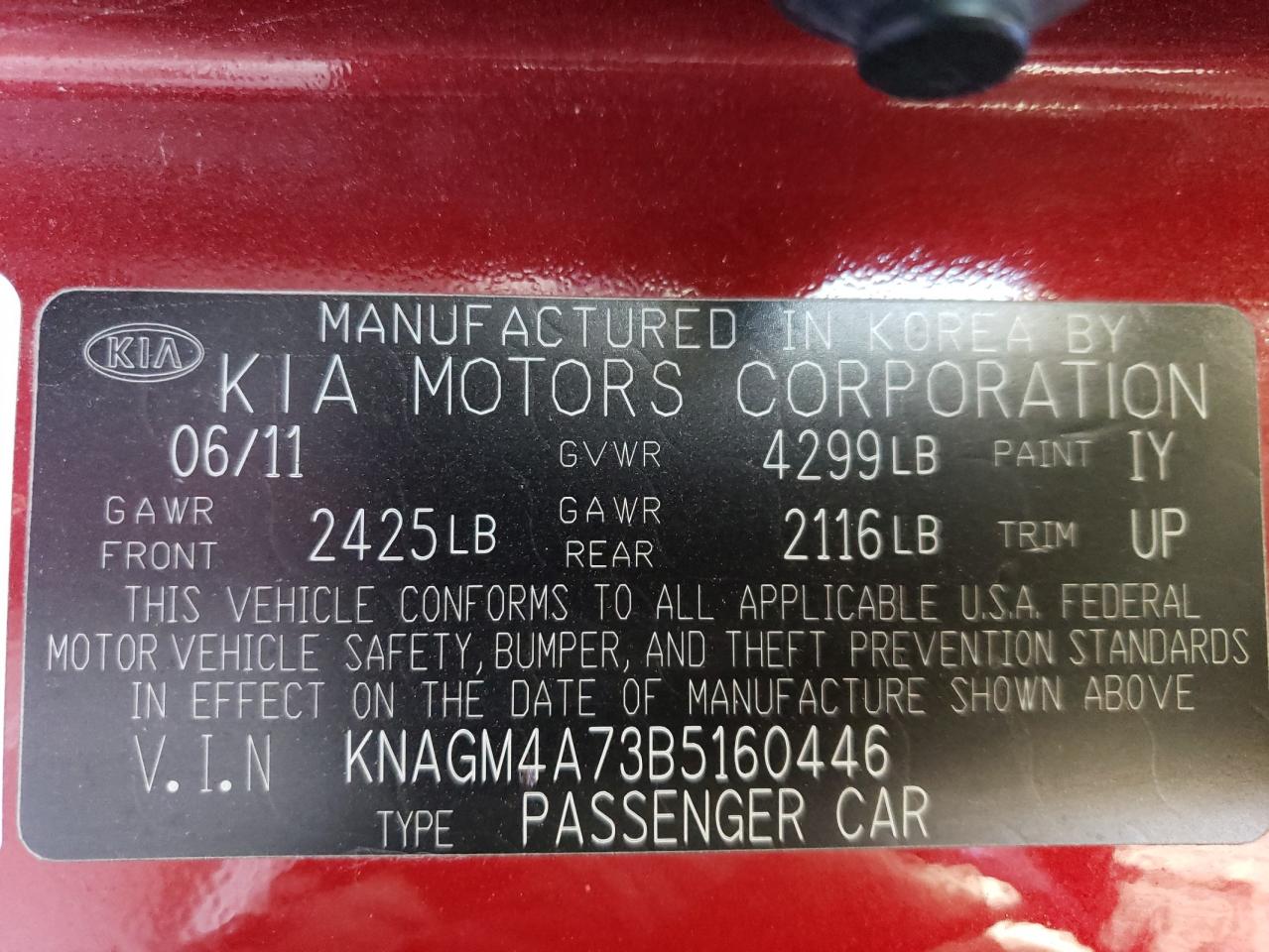 2011 KIA Optima VIN KNAGM4A73B5160446 Copart auction photo, rear end / front end damage thumbnail 13