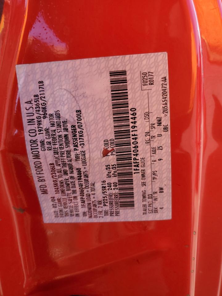 2004 Ford Mustang VIN 1FAFP40604F194460 Copart auction photo, rear end / stripped damage thumbnail 12