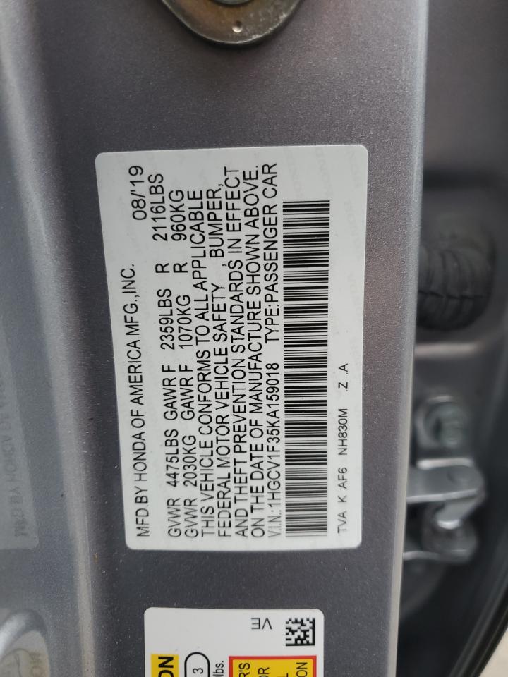 2019 Honda Accord VIN 1HGCV1F35KA159018 Copart auction photo, rear end / front end damage thumbnail 12