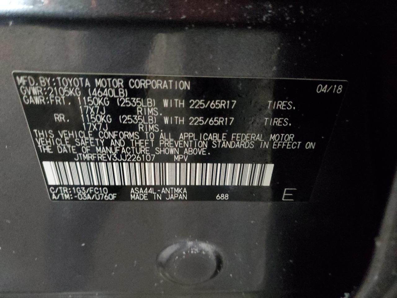 2018 Toyota RAV 4 VIN JTMRFREV3JJ226107 Copart auction photo, front end damage thumbnail 16