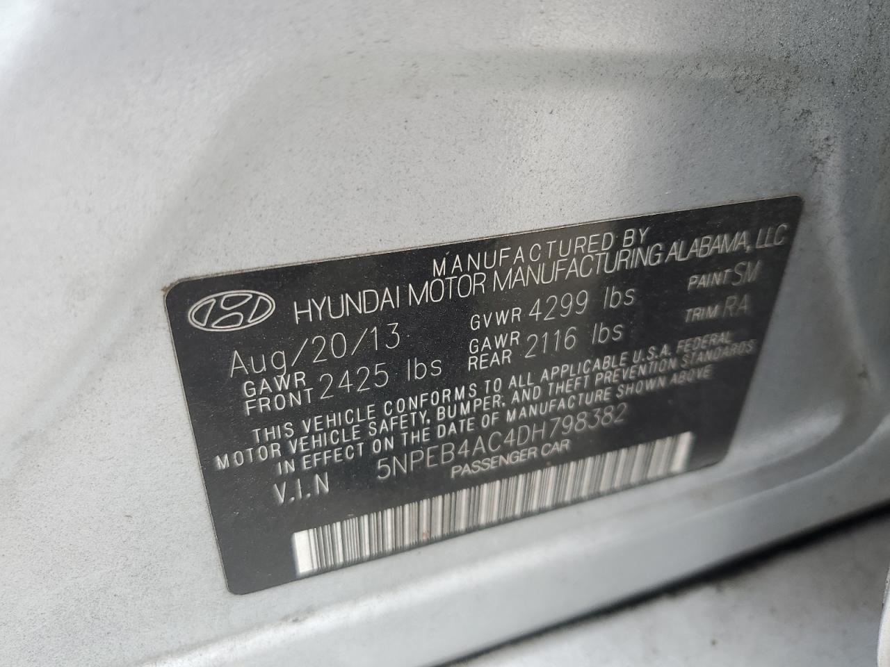 2013 Hyundai Sonata VIN 5NPEB4AC4DH798382 Copart auction photo, front end / side damage thumbnail 14