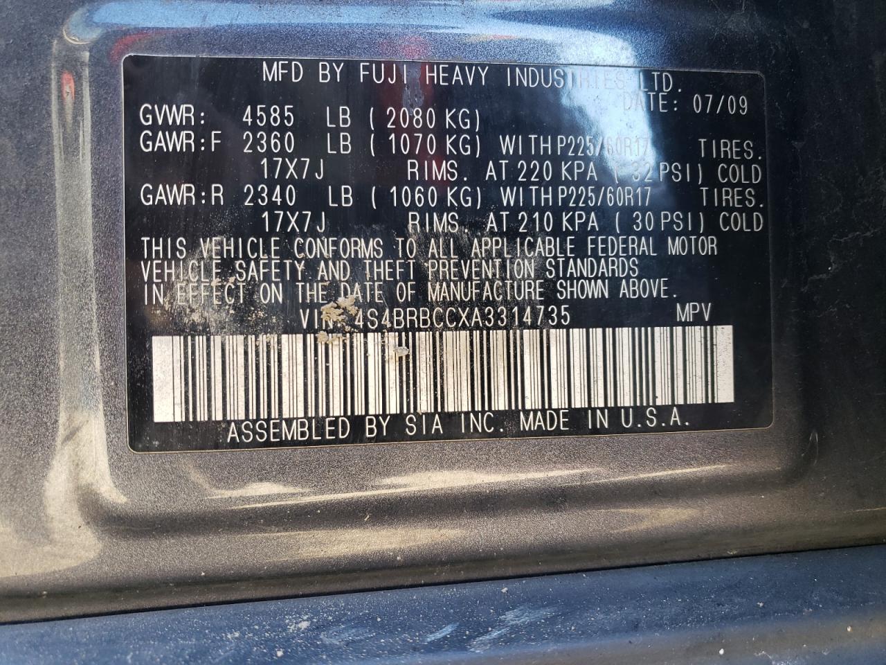 2010 Subaru Outback VIN 4S4BRBCCXA3314735 Copart auction photo, burn damage thumbnail 13