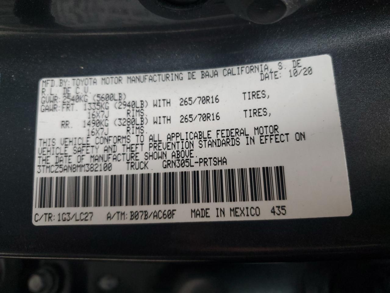 2021 Toyota Tacoma VIN 3TMCZ5AN8MM382100 Copart auction photo, front end damage thumbnail 13