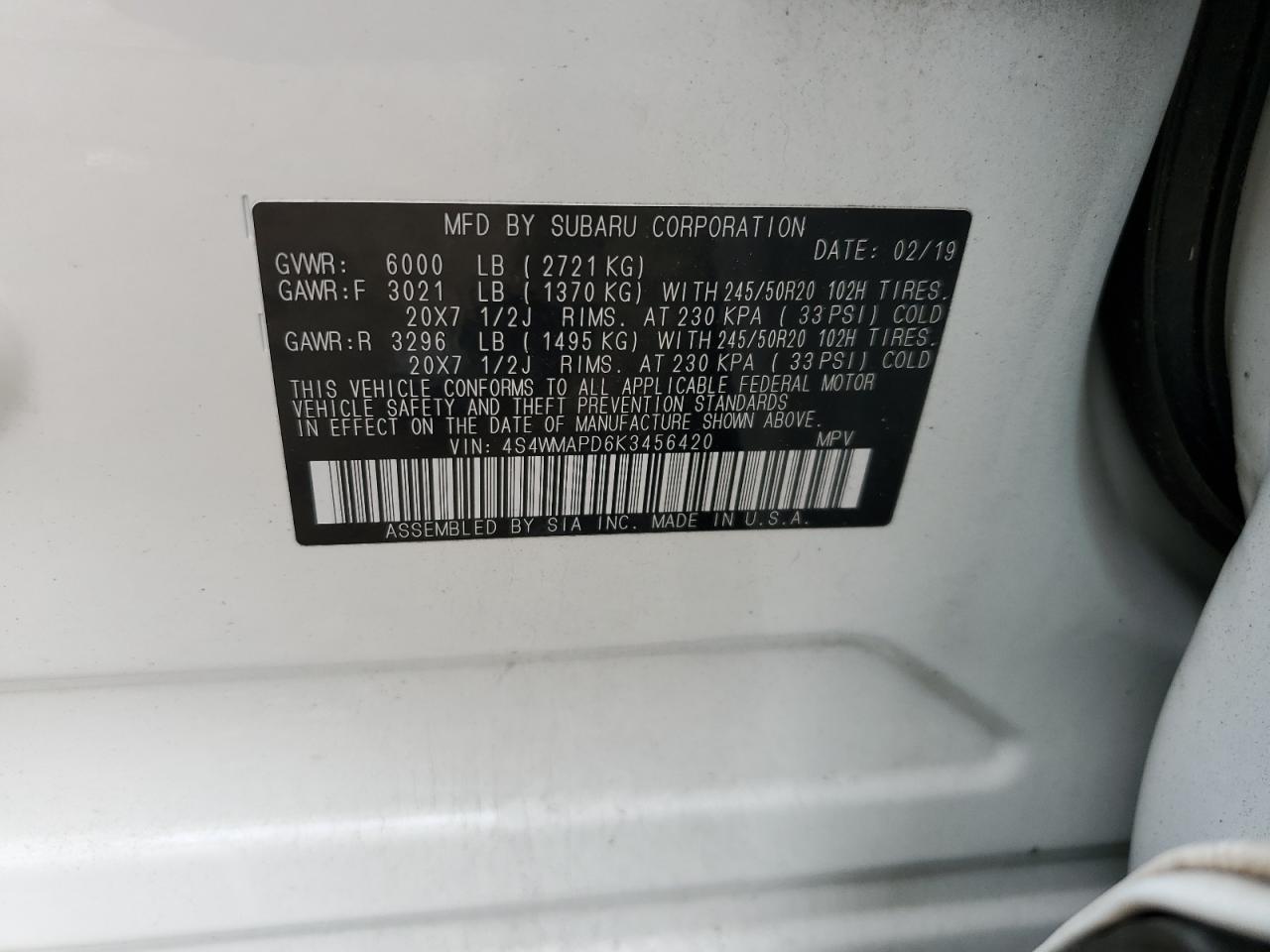 2019 Subaru Ascent VIN 4S4WMAPD6K3456420 Copart auction photo, front end damage thumbnail 14
