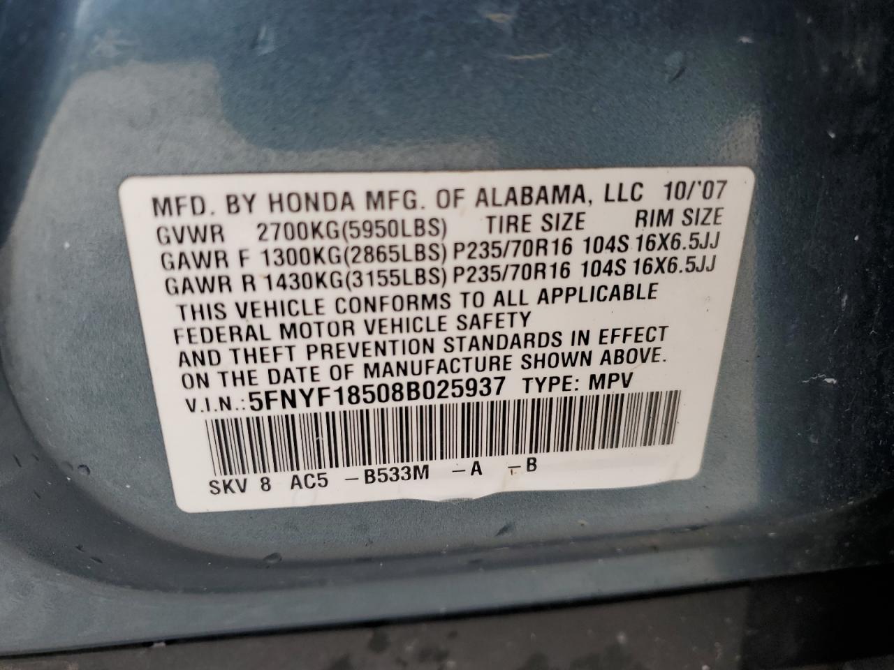 2008 Honda Pilot VIN 5FNYF18508B025937 Copart auction photo, front end damage thumbnail 13