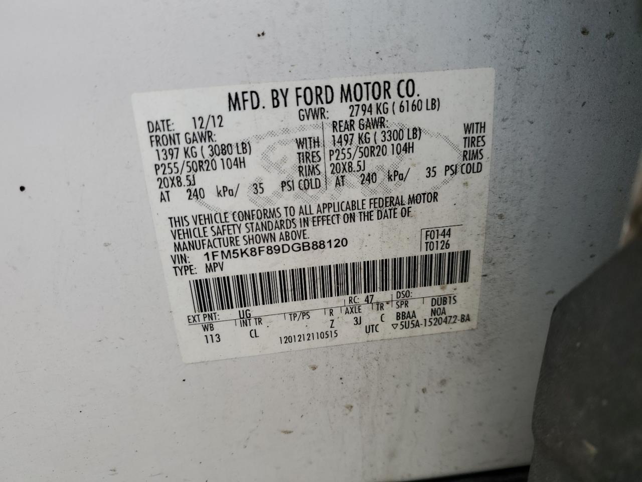 2013 Ford Explorer VIN 1FM5K8F89DGB88120 Copart auction photo, front end damage thumbnail 12