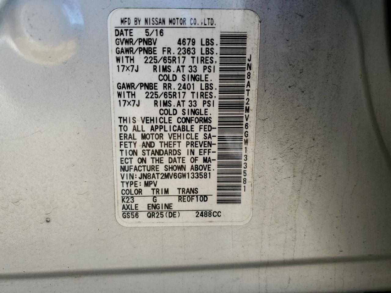 2016 Nissan Rogue VIN JN8AT2MV6GW133581 Copart auction photo, front end / side damage thumbnail 16
