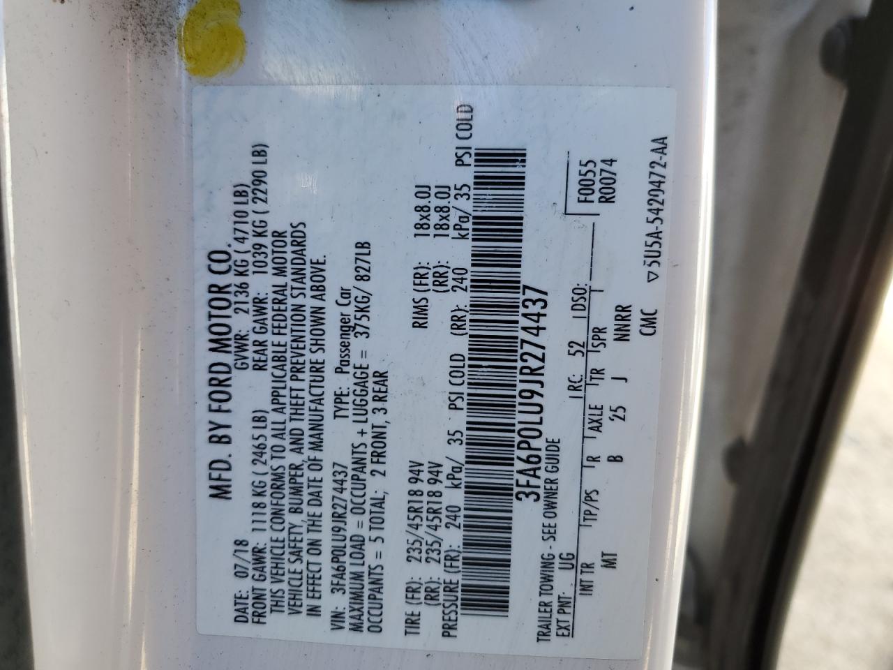 2018 Ford Fusion VIN 3FA6P0LU9JR274437 Copart auction photo, side / front end damage thumbnail 12