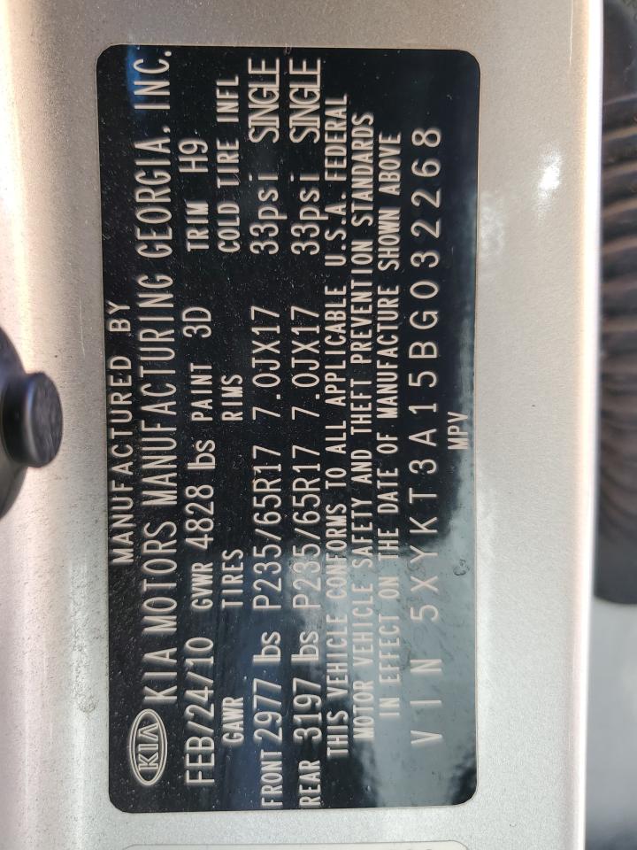 2011 KIA Sorento VIN 5XYKT3A15BG032268 Copart auction photo, side damage thumbnail 15