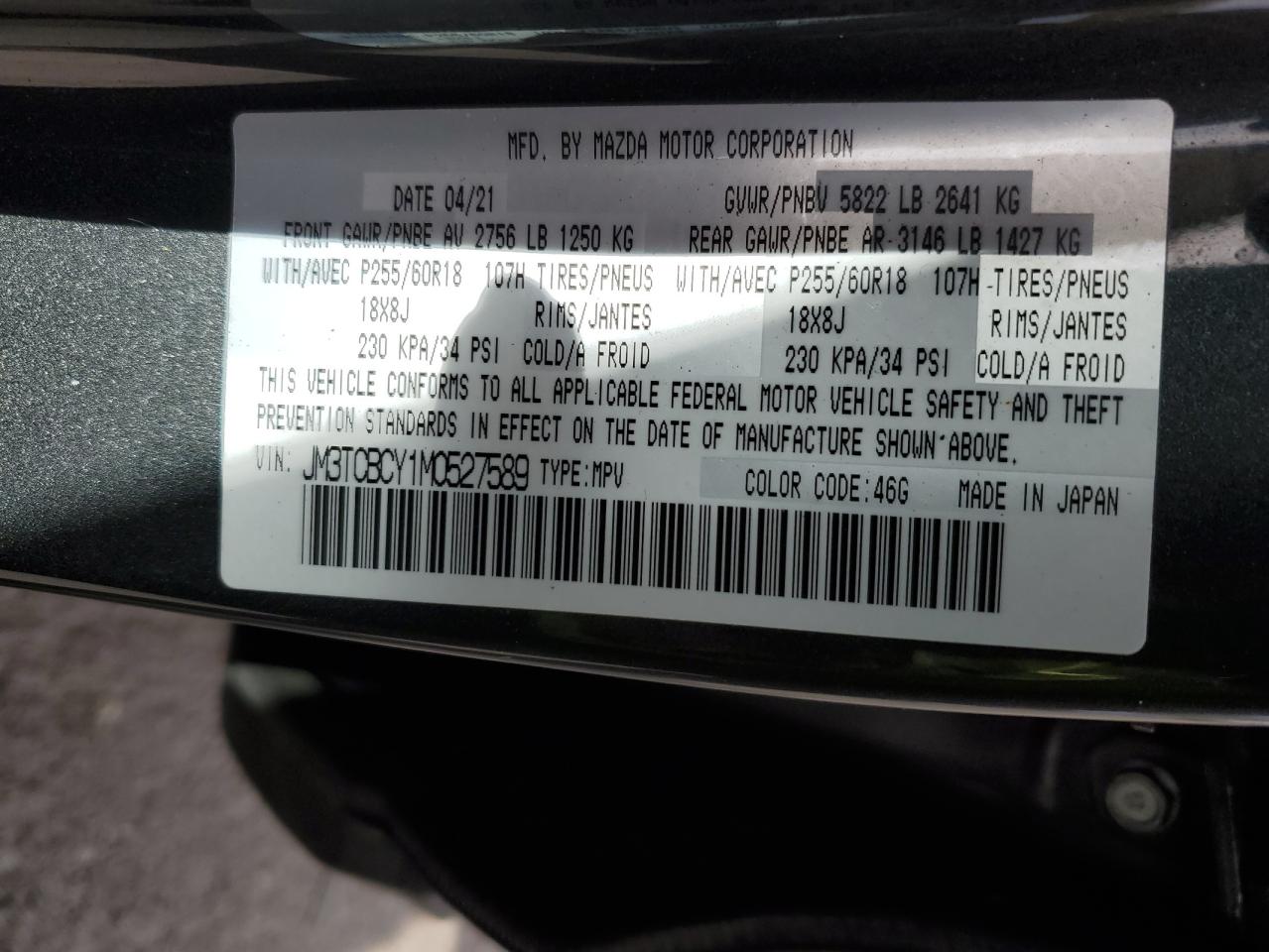 2021 Mazda CX-9 VIN JM3TCBCY1M0527589 Copart auction photo, front end / side damage thumbnail 15