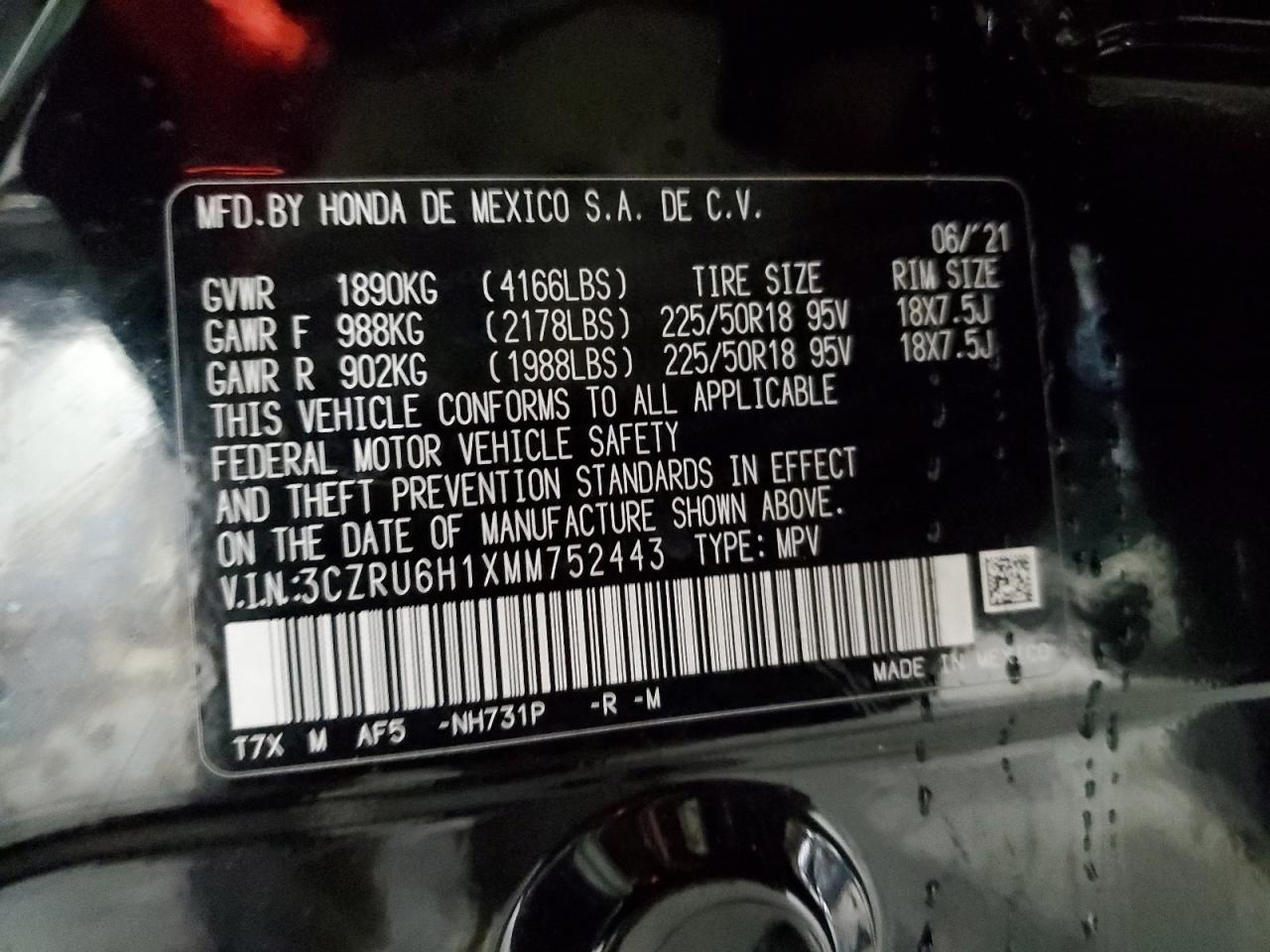 2021 Honda HR-V VIN 3CZRU6H1XMM752443 Copart auction photo, side / front end damage thumbnail 15