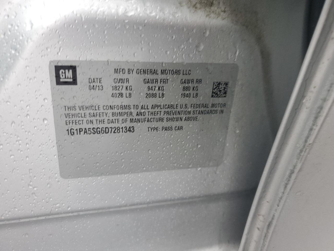 2013 Chevrolet Cruze VIN 1G1PA5SG6D7281343 Copart auction photo, front end damage thumbnail 14