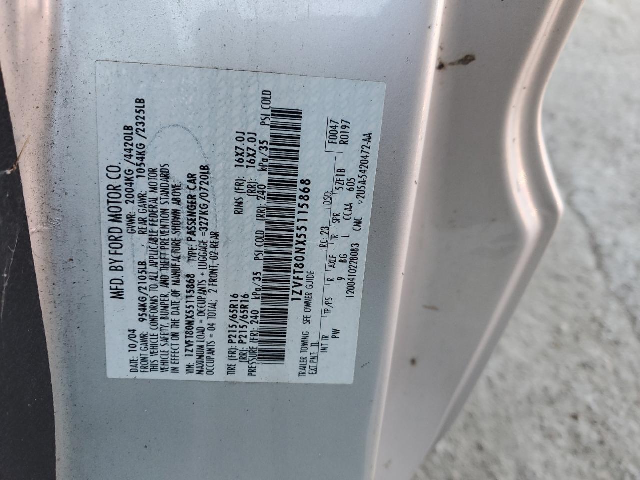 2005 Ford Mustang VIN 1ZVFT80NX55115868 Copart auction photo, mechanical damage thumbnail 12
