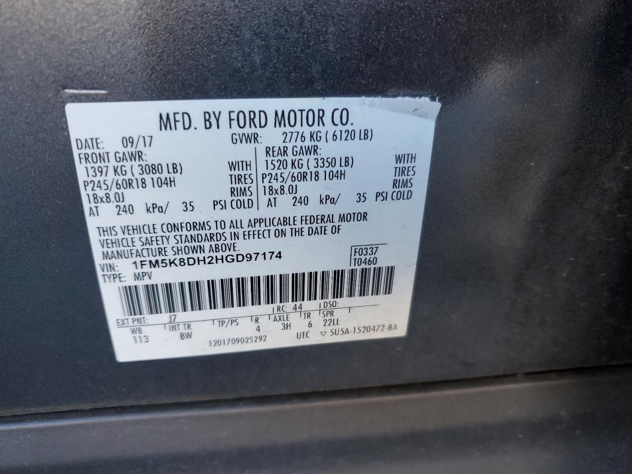 2017 Ford Explorer VIN 1FM5K8DH2HGD97174 Copart auction photo, front end / undercarriage damage thumbnail 15