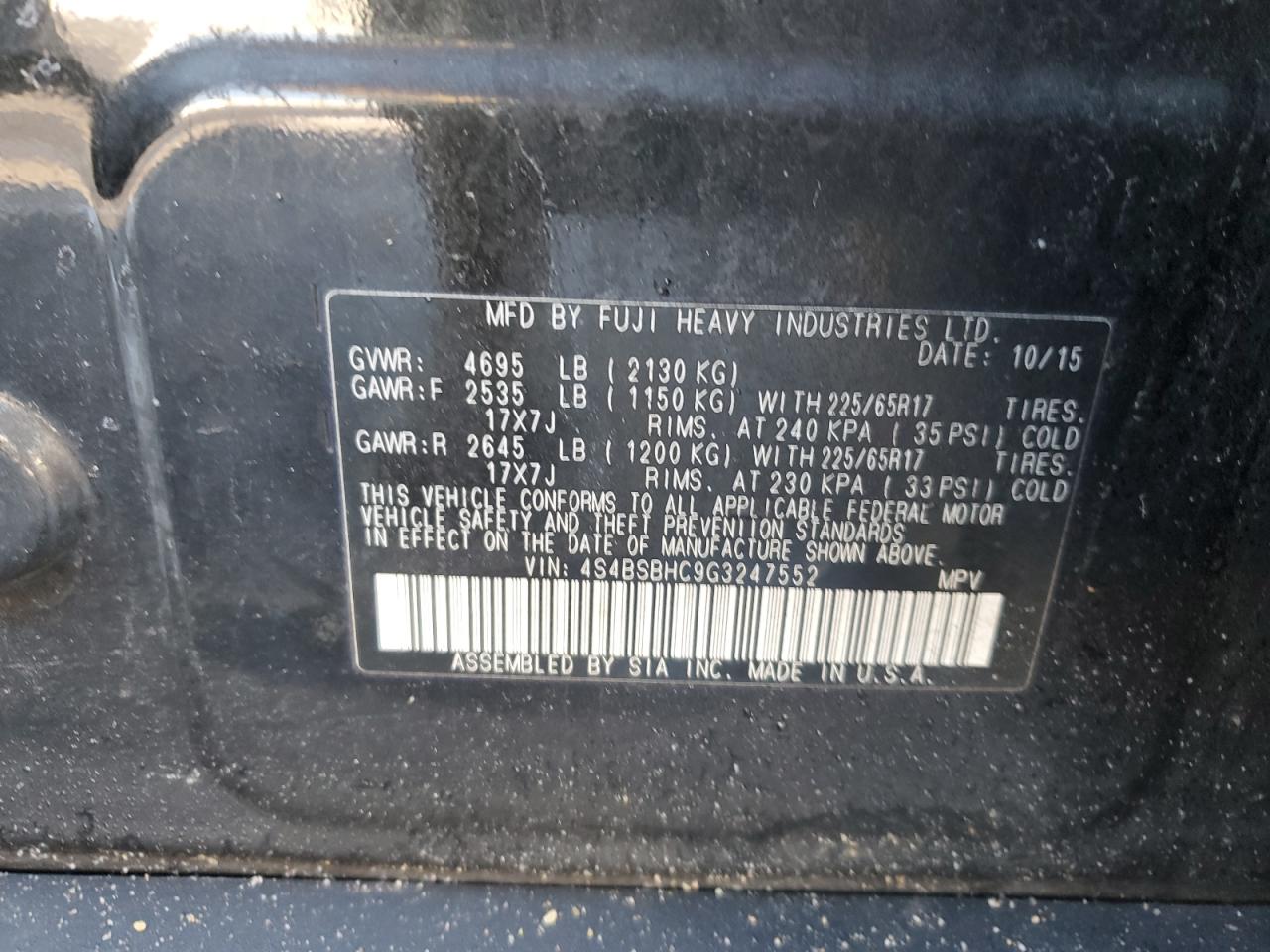 2016 Subaru Outback VIN 4S4BSBHC9G3247552 Copart auction photo, front end damage thumbnail 15