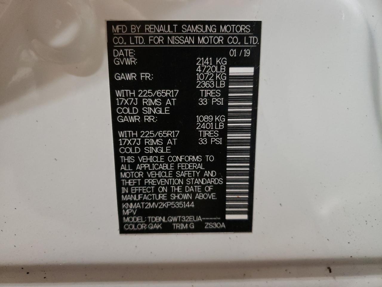 2019 Nissan Rogue VIN KNMAT2MV2KP535144 Copart auction photo, rear end damage thumbnail 12