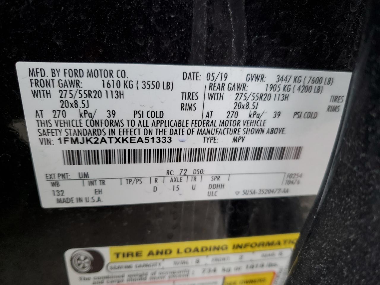 2019 Ford Expedition VIN 1FMJK2ATXKEA51333 Copart auction photo, front end / mechanical damage thumbnail 14