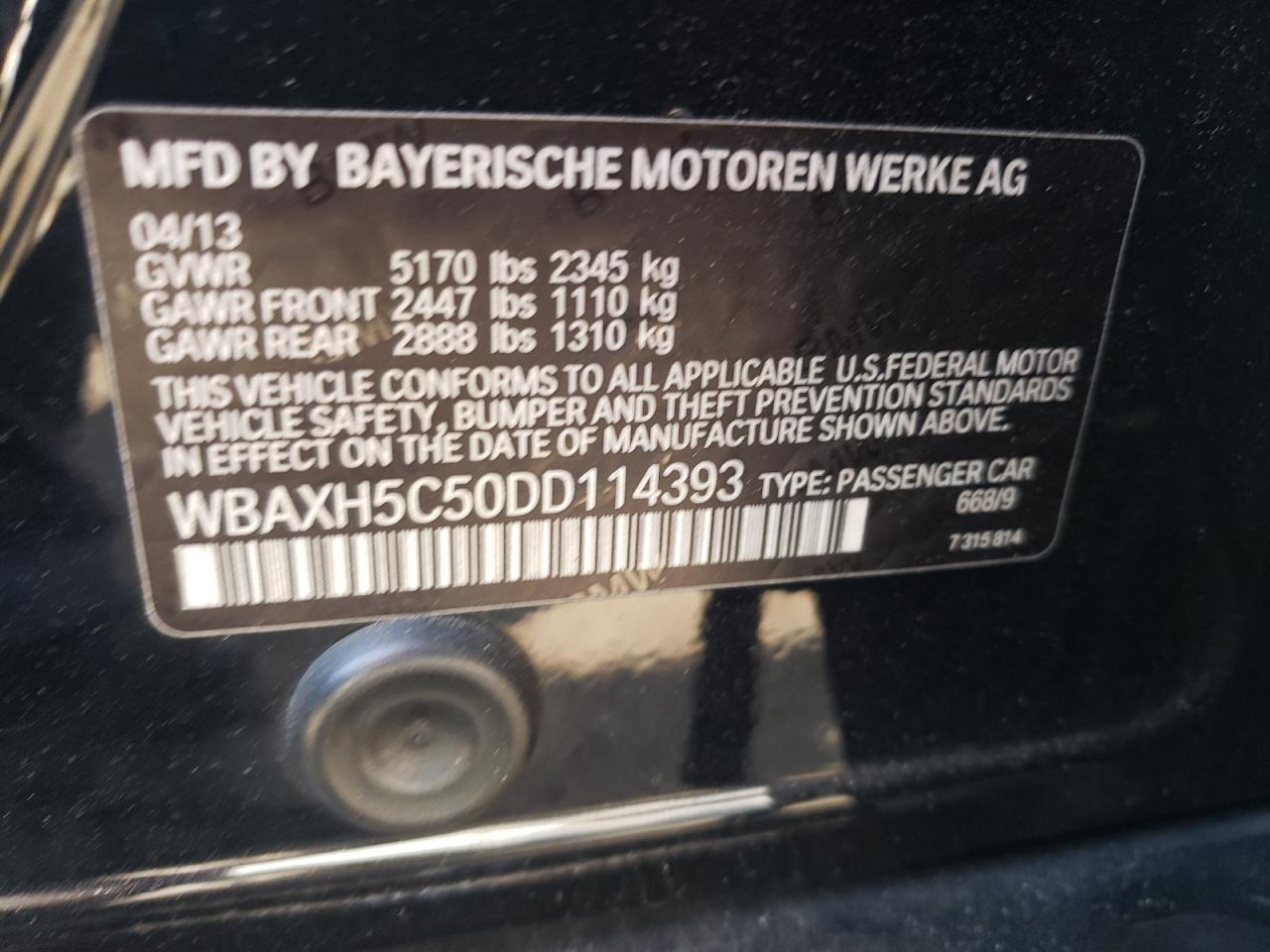 2013 BMW 5er VIN WBAXH5C50DD114393 Copart auction photo, side damage thumbnail 12