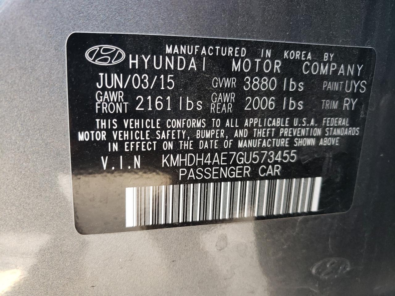 2016 Hyundai Elantra VIN KMHDH4AE7GU573455 Copart auction photo, front end damage thumbnail 12