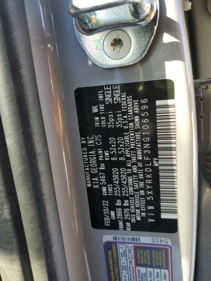 2022 KIA Sorento VIN 5XYRKDLF3NG106596 Copart auction photo, side damage thumbnail 14