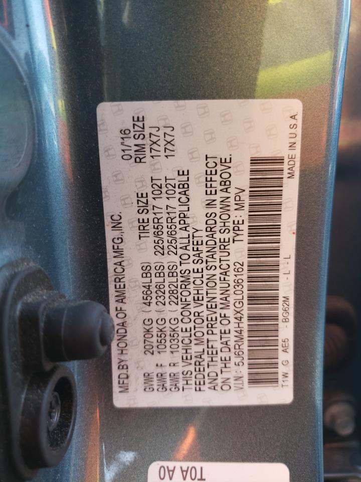 2016 Honda CR-V VIN 5J6RM4H4XGL036162 Copart auction photo, minor dent/scratches damage thumbnail 12