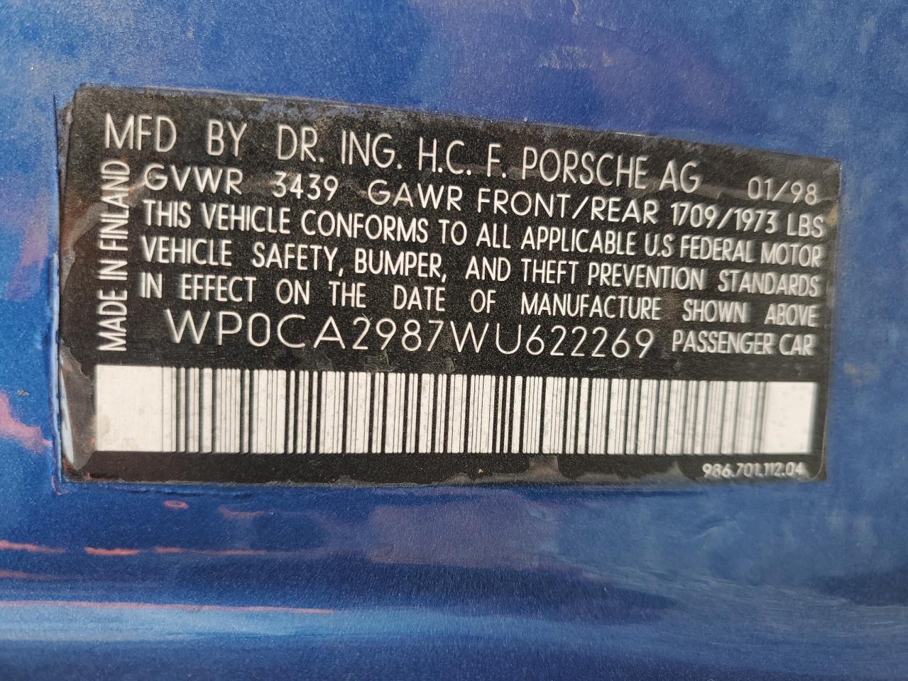1998 Porsche Boxster VIN WP0CA2987WU622269 Copart auction photo, rollover damage thumbnail 13