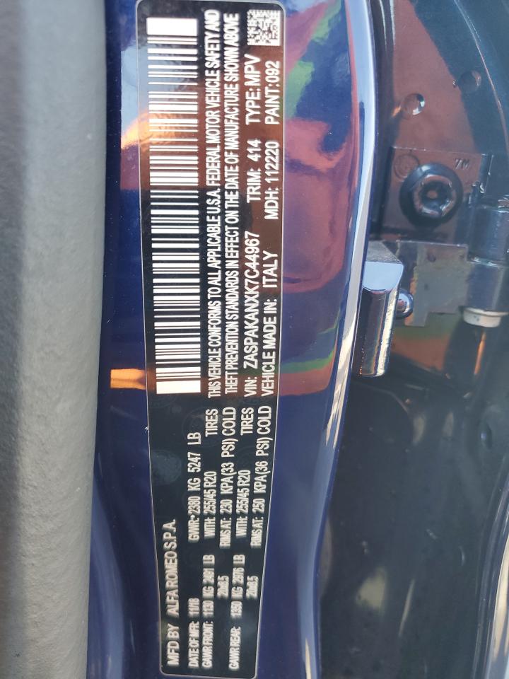 2019 Alfa Romeo Stelvio VIN ZASPAKANXK7C44967 Copart auction photo, front end / side damage thumbnail 13