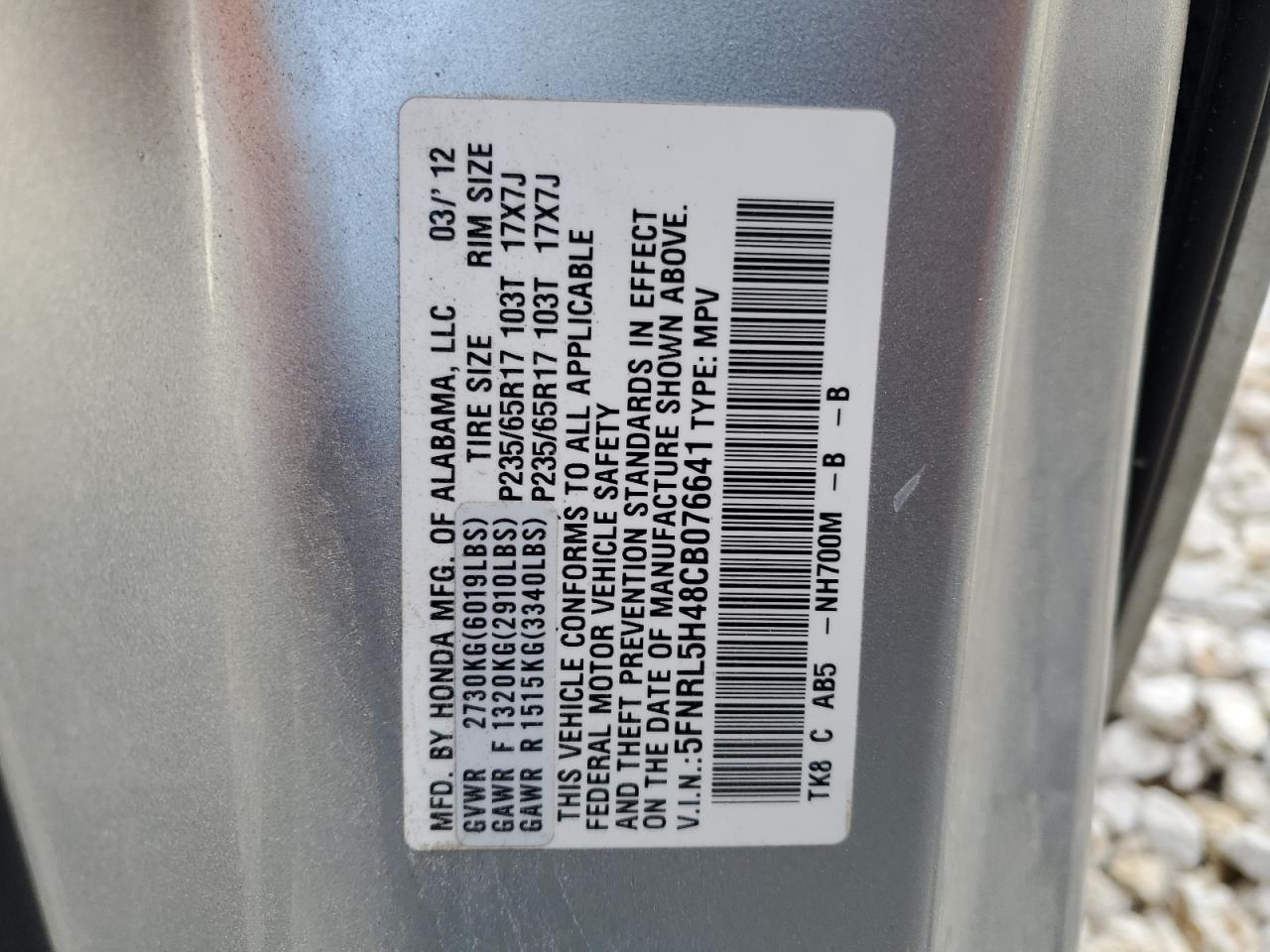 2012 Honda Odyssey VIN 5FNRL5H48CB076641 Copart auction photo, front end damage thumbnail 13