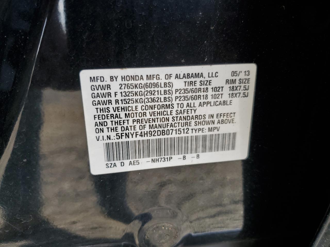 2013 Honda Pilot VIN 5FNYF4H92DB071512 Copart auction photo, top/roof damage thumbnail 13